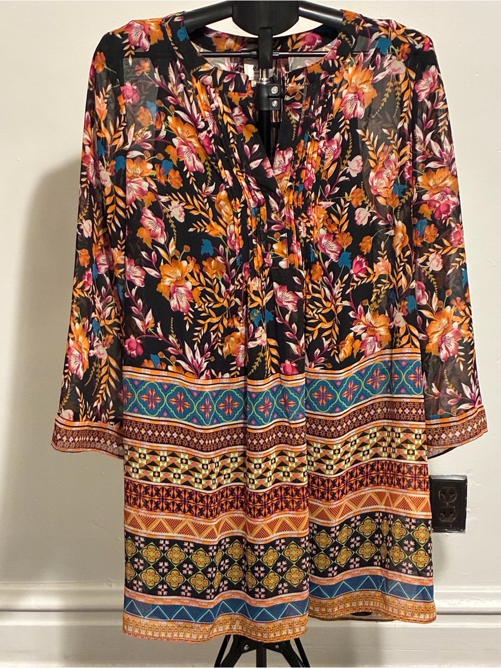ECI Black Floral Border Print Tunic with Multicolor Accents